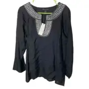 Sherry Taylor Black Embroidered top ramie/rayon sz L nwt