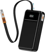 LUCKYDUO Power Bank 10000mAh with Built-in 70 CM Retractable Cable, Travel Essentials Portable Charger, Fast Charging Battery Pack LED Display, Compatible with iPhone 16/15/Pro, Samsung,USB C Phone