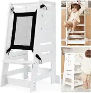 KIDHABE Toddler Tower, Learning Kitchen Tower Height Adjustable with Removable Safety Net, Non-Slip Mats, Chalk/Whiteboard, Standing Tower for Toddlers Cooking & Learning