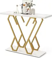 Giantex Faux Marble Console Table, Foyer Table with Adjustable Foot Pads, Anti-Tipping Kits & Metal Frame, Entryway Hallway Table, Side Table Behind Couch for Living Room, White & Gold