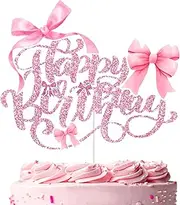Bow Happy Birthday Cake Topper, Pink Bow Coquette Cake Decorations for Women Girls Bows Theme Birthday Party Favors, HBD, 10th, Official Teenager, Sweet 16, Finally 21, Baby Shower Party Supplies