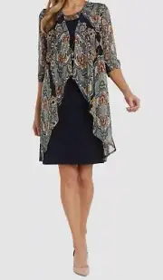R&M Richards Women's Blue Paisley-Print 2-Piece Jacket & Dress Set Size 16