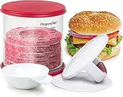 Prepworks by Progressive Perfect Burger Press Set, Press and Store Up to 6 Burgers, Non-Skid Base, Non-Stick Coating, Dimple Insert Creates Faster Even Cooking, Dishwasher Safe, Red
