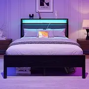 [FOUBAM] Full Size Bed Frame with LED Lights and Charging Station, Double Bed Frame Heavy Duty Metal Bed with Storage Fabric Headboard,Solid and Stable, Metal Slats Support,Mattress Foundation (Black)