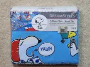Sleepy Snoopy Woodstock Peanuts 3 PC Twin Sheet Set Blue Vintage Dreamstyles NOS