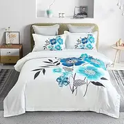 Floral Quilt/Doona/Duvet Cover Set (Queen/King/Super King Size Bed) (Blue-White, Queen)
