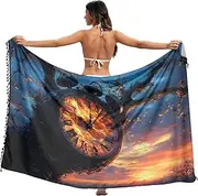 [XYMZR] Women's Sarong Swimsuit Coverups Clock Tree Sunset Chiffon Bikini Wraps Skirt with Tassels L