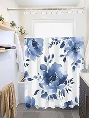Clblhlolkuy Waterproof Shower Curtain for Bathroom, Watercolor Blue Flowers Spring Pastoral Style Hotel Fabric Soft Bath Curtain with Semi-Transparent Top Window & Hooks, 72"x72"