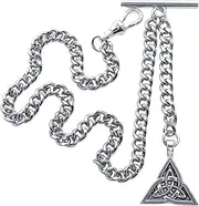 [watchvshop] Albert Chain Silver Color Pocket Watch Chain Fob Chain for Men Trinity Celtic Knot Design Medal Fob with T Bar Swivel Clasp AC191A, Silver, Chain Length - 1 X 12 inches + 1 X 2 inches, Art