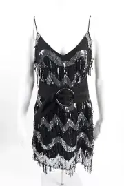 Zara Womens Mini Dress M Black Fringe Belted Sequined Silver Party 2712/456 NWT
