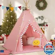 WIRHAO Teepee Tent for Kids with Padded Mat Cotton Canvas Kids Tent with Pomp