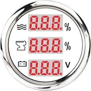 Universal 52mm Waterproof 3 in 1 Multi-Function Digital Gauge Water Tank Level Gauge Holding Tank Voltmeter 9-32V with Alarm Voltmeter(White Silver)