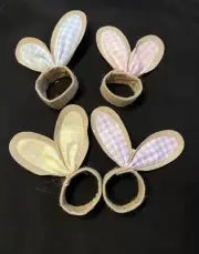 Easter Bunny Rabbit Ears Gingham Napkin Rings Set of 4 NEW Burlap, Jute, Fabric