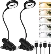 CUHIOY 2Pack Clip on Reading Light, 5 Colors 5 Brightness Bed Light for Headboard, Battery Rechargeable Flexible Neck Desk Lamp with Strong Clamp, Eye Protect LED Night Light for Kids Bunk Bed（Black）