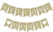 Welcome Home Banner Pre-Strung Gold Glitter With Heart for Homecoming, Housewarming, Military Return, New Home, Photo Booth Props and More