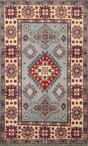 Geometric Oriental Hand-knotted Super Kazak Light Blue/ Ivory Accent Rug 3x4 ft.