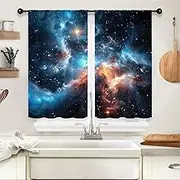 Riyidecor Galaxy Nebula Outer Space Kitchen Curtains Short Small Kids Stars Orange Blue Rod Pocket Universe Planets Boys Fantasy Starry Bedroom Living Room Treatment Fabric 2 Panels 27.5Wx39H Inch