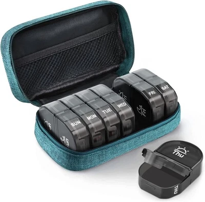 AUVON Canvas Bag Travel Pill Organizer 2 Times a Day, Large AM/PM Weekly Cyan