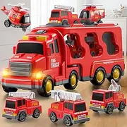 JUKUDAHU 5-in-1 Fire Trucks Car Toys for Kids 2 3 4 5 6 7 Years Old - Transport Vehicle Carrier Truck for Toddlers 3-5 Year Old, Boy Trucks Play Sets, Kids Gifts Toys for Boys Girls Aged 4-6 5-7