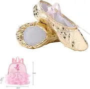 [MNSSRN-MM] Shiny Soft-Soled Stage Shoes, Soft-Soled Shiny PU Wear-Resistant Non-Slip Ballet Shoes, Children's Body Practice Dance Shoes,Gold,25