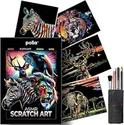 ASMR Scratch Art Set (Satisfying) - Animal 4 Pack with Toolkit Art Supplies (Zebra, Lion, Elephant, Deer) Scratch Tools and Repair Pen - Large Canvas 16x11 inches - Relaxing Etch Sound Art Kit