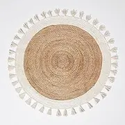 THE PIKKU INTERNATIONAL - Rug Round Jute Hand Woven Beige and White Area Rug with Tussle Border Design (4 X 4 Feet)