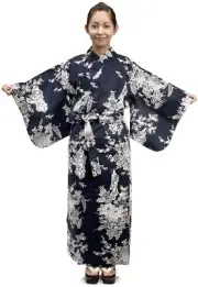 Women's Yukata Robe Japanese Summer Kimono - Peony & Beauty Navy