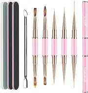 Nail Art Brushes Double-Ended Set, Nail Liner Brush 5/7/9/11/15/20mm 3D Ombre Brush Acrylic Brush Kit for Nail Design Nails Details and Acrylic Application, with Nail Files 100/180 and Cuticle Pusher, Pink