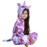 Kids Girls Star Sky Print Flannel Jumpsuit Cartoon Unicorn Zip Up Hooded Nightwear Sleepwear A 4-5 Years