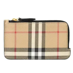 【BURBERRY 巴寶莉】英系經典格紋牛皮拼接鑰匙圈零錢包(卡其/黑)