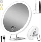 Magnifying Mirror with Light 30X, Large 6" Rechargeable 3 Colors Modes Dimming