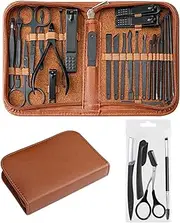 Manicure&Eyebrow kit 26+4 PCS Professional Stainless Steel set Fingernail Care Grooming Eyebrow Trimmer Tools Pedicure Nail Clippers Tweezers Razor Scissors Brush with Travel Case Brown