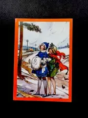 1 VTG Xmas Greeting Card Best Friends In Festive Outfits Admiring Chirping Bird