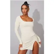 Cream Rib Split Hem Square Neck Long Sleeve Bodycon Dress, Cream