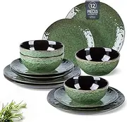 [LERATIO] Ceramic Dinnerware Sets of 4, Plates and Bowls Sets with Wavy Edge,Highly Chip and Crack Resistant | Dishwasher & Microwave & Oven Safe Dishes set,Green- Service for 4（12pcs）