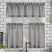 No. 918 Parkham Farmhouse Plaid Semi-Sheer Rod Pocket Kitchen Curtain Valance and Tiers Set, 54" x 24", Black/White