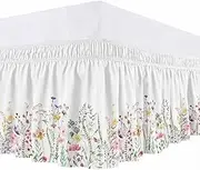 Wrap Around Bed Skirt King Size 16 inch Drop, Spring Colorful Flower Farm Wildflower Elastic Adjustable Bed Skirts Ruffled Bedskirt, Country Plant on White Bed Frame Cover Hotel Luxury Bedskirts