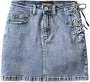 [ERTYUIO] Short Skirt High-Waisted Unilateral Lace-Up Denim Skirt with Safety Pants