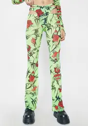 [Namilia] Neon Green Tattoo Rose Speed Racer Mesh Pants