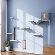 NUNU LAB Wall Mounted Cat Furniture, 6pc Cat Wall Furniture, Cat Climber with Cat House, Bridge, Tree, Steps, and Scratcher, DIY Cat Walls Playground, Cat Shelves for Indoor Wall Furniture Set - Grey