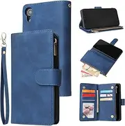UEEBAI Wallet Case for iPhone XR, Premium Vintage PU Leather Magnetic Closure Handbag Zipper Pocket Case Kickstand Card Holder Slots with Wrist Strap TPU Shockproof Flip Cover for iPhone XR - Blue