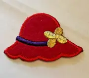 LADIES HAT Red & Purple w GOLD FLOWER Iron On Patch Applique 2 3/8" w x 1 5/8" h