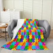 Feelyou Puzzle Flannel Fleece Blanket, Colorful Puzzle Games Throw Blanket, Rainbow Geometric Pattern Decorative Plush Blanket for Kids Girls Boys Colorful Fuzzy Blanket Twin 60"x80"