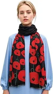 [GFM] Women's Black and Red Poppy Flowers Print Scarf for Remembrance day (SA-PPYSCF-94-KL), ..Ppyscf-94-black, Large