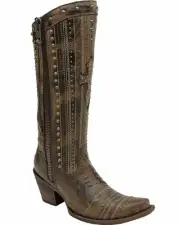 CORRAL Women's Crystal Cross Stripes and Studs Tall Boot Snip Toe - C2925