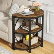 Tribesigns Half Round End Table, Half Circle Side Table with Shelves and Metal Frame, 3-Tier Half Moon Console Table, Small Narrow End Tables for Living Room, Bedroom, Bathroom, Rustic Brown (1PC)