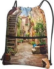 EdWal Italy Tuscan Print Drawstring Backpack Gym Bags Sports Bags With Zipper Pocket For Travel Beach, Black, One Size