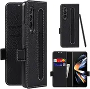 Samsung Galaxy Z Fold 4 Wallet Case, Ultra Slim Luxury Litchi Grain Genuine Leather Phone Cases Cover with Pen & Card Slot Holder 7.6"-Black