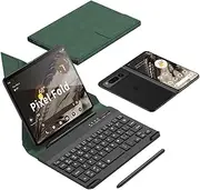 Jarttarn Compatible with Google Pixel Fold Keyboard with Capacitive Pen & Pen Holder, Removable Bluetooth Keyboard Wirelessly Connects with Leather Holster for Pixel Fold 2023 (Green)