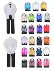 7pc Boys Teen Formal Wedding Black Pants White Suit Set Satin Necktie Vest 4T-20